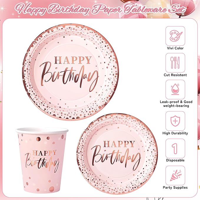 Pink and Rose Gold Happy Birthday Party Plates Set, 168PCS Dots Paper Plates Napkins Cups and Pink Cutlery, 24 Set Disposable Tableware for Birthday Baby Shower Party Decorations