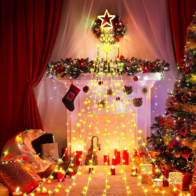 Waterfall Christmas String Lights with 317 LED Star Hanging Twinkle Fairy Curtain Lights for Party Wedding Patio Indoor Outdoor Decorative Water Flow Lights