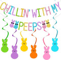 Glitter Chillin with My Peeps Banner with Bunny Hanging Swirls - NO DIY - Easter Party Decorations, Happy Easter Banner for Spring Easter Bunny Party Supplies Easter Peeps Decorations