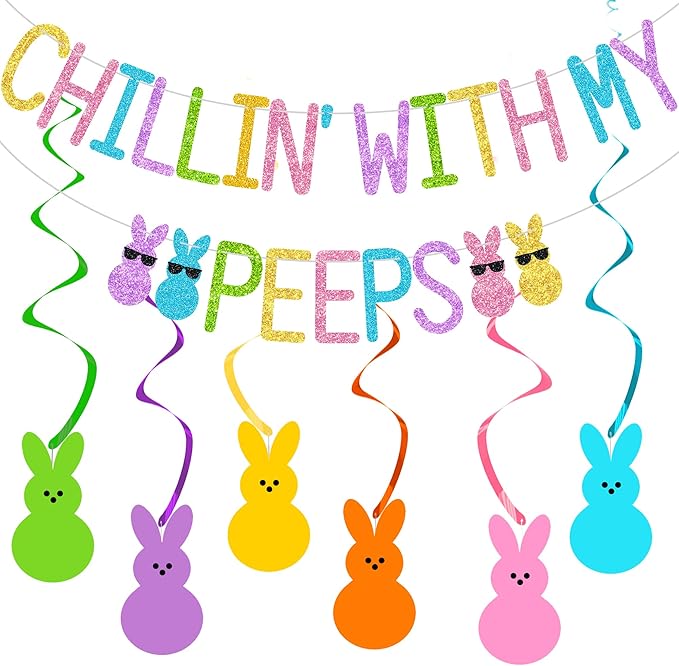 Glitter Chillin with My Peeps Banner with Bunny Hanging Swirls - NO DIY - Easter Party Decorations, Happy Easter Banner for Spring Easter Bunny Party Supplies Easter Peeps Decorations