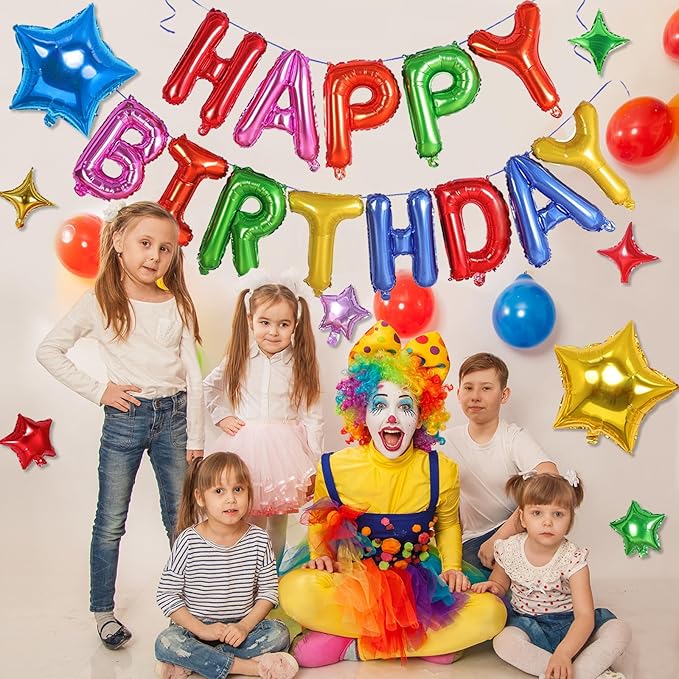 Rainbow Birthday Balloons Banner, 3D Mylar Foil Happy Birthday Balloons, 26pcs Birthday Party Decorations with 8pcs Star Balloons for Kids Girls Boys Women Adults Birthday Party Supplies