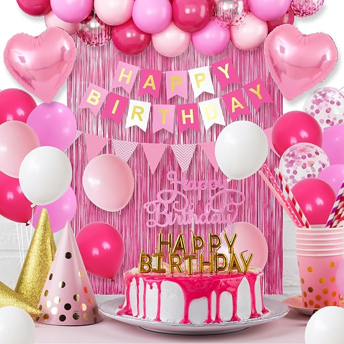 Hot Pink Birthday Decorations for Girls,Happy Birthday Banner Party Decoration Fringe Curtain Heart Foil Balloons for Women Party Decorations