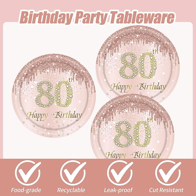 80th Rose Gold Birthday Plates and Napkins, 9 Inch Pink Rose Gold Disposable Dinner Dessert Plates Happy 80th Birthday Party Supplies Decorations for Girls Women