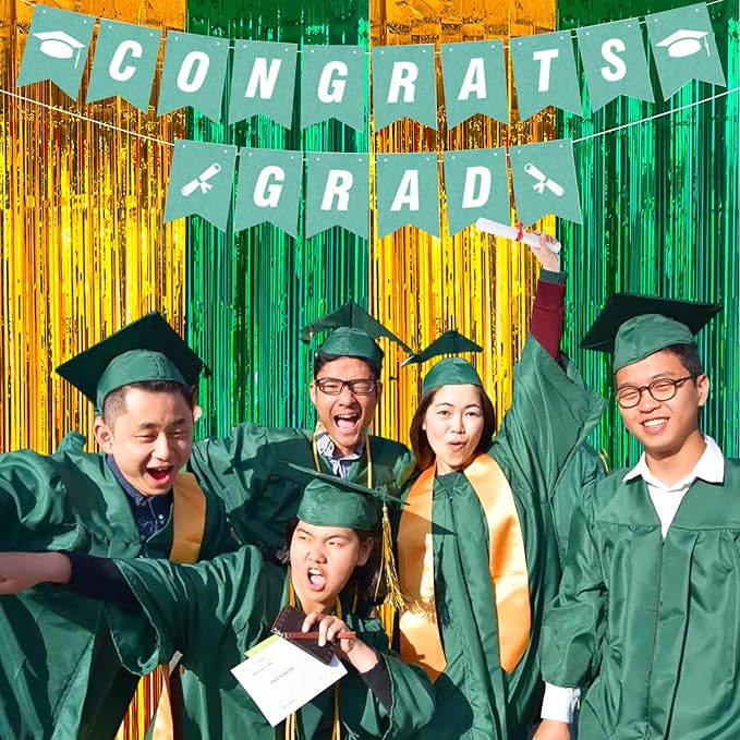 MYUPDALIN 2 Pack Green and Gold Graduation Decorations 2025 -Tinsel Foil Fringe Curtains Backdrop - High School College University Graduation Party Photo Booth Props Backdrop