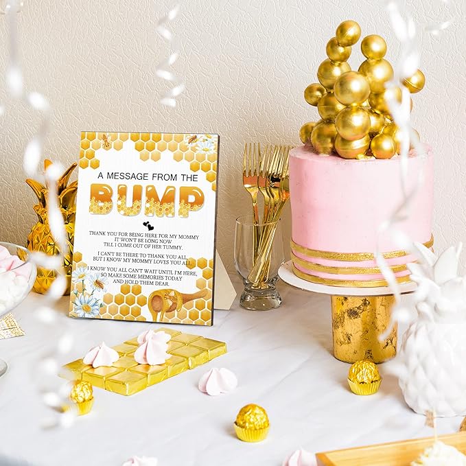Roowest Cool Baby Shower Tabletop Decoration a Message from the Bump Wooden Baby Shower Games Sign Greenery Cute Gender Reveal Party Thank You Sign, 11.2 x 8.66 Inches(Bee)