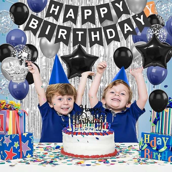 Navy Blue and Black Birthday Decorations for Men, Black Blue Confetti Balloon with 'HAPPY BIRTHDAY' Banner Fringe Curtains Crown Foil Balloons Cake Topper for Men Boys Adults Party Decor