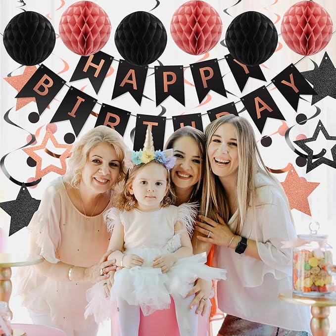 meowtastic Birthday Decorations, Happy Birthday Banner with Honeycomb Balls, Star Hanging Swirl Streamers, Circle Dot Garland, Happy Birthday Party Decoration for Women Men Boy Girls (Rose Gold&Black)