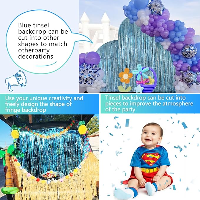 Blue Streamers Party Decorations 3.3x8.2ft 2 Pack Light Blue Tinsel Foil Fringe Curtain Backdrop Ocean Themed Party Decor Photo Booth Props for Birthday Baby Shower Bachelorette Door Hanging Wedding