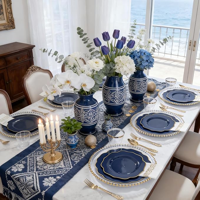 NOCCUR 175PCS Blue Plastic Plates with Disposable Silverware - Include 50 Blue Disposable Plates with Gold Rim,75 Gold Cutlery,25 Cups,25Napkins for Party/Wedding/Passover