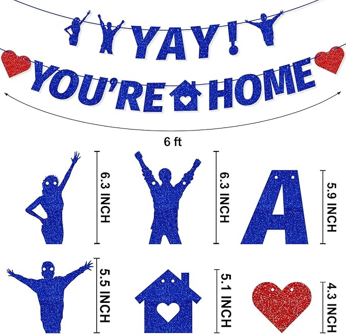 Tellpet Pre-Strung Yay! You’re Home Banner, NO DIY Glitter Welcome Home Decorations for Military Army Returning Homecoming Party, Blue