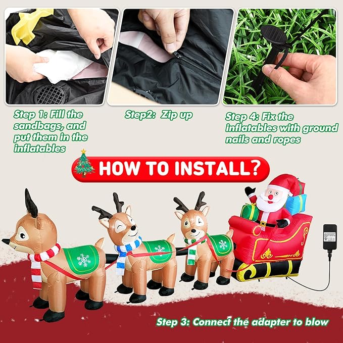 EAONE 12 Ft Christmas Inflatables Outdoor Decorations Giant Blow Up Yard Decorations Inflatable Santa Claus on Sleigh and 3 Reindeer, with Built-in LED Lights for Indoor Outdoor Home Holiday Decor
