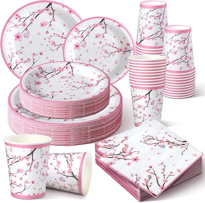 Hsei 250 Pcs Cherry Blossom Plates and Napkins Party Decorations Disposable Tableware Sets Baby Shower Birthday Supplies Serves 50 Guests Dinnerware Bridal Baby Shower Party Favors