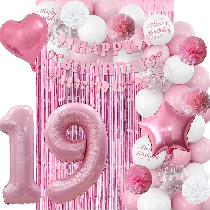 19th Birthday Decorations for Girls Pink Number 19 Balloon Bow Coquette Happy Birthday Banner Fringe Curtain Paper Pom Poms Star Heart Foil Pink White Balloons 19 Year Old Party Decor for Her