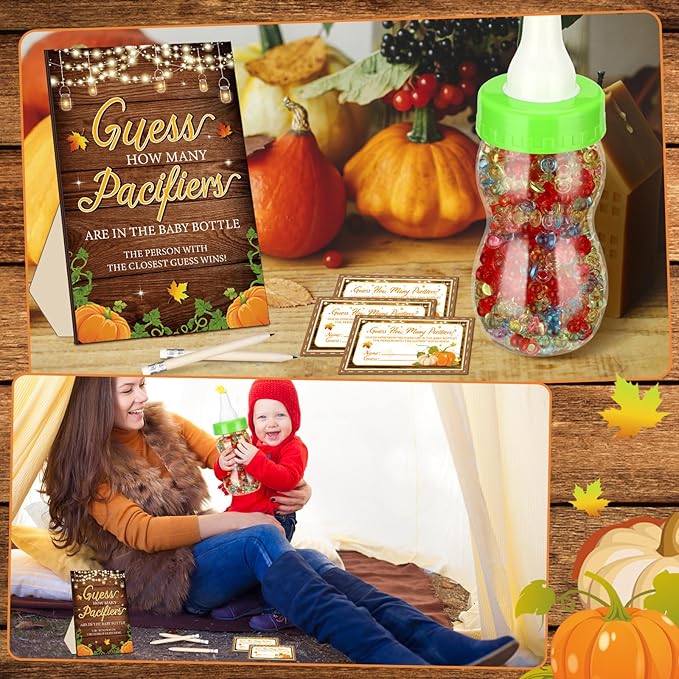 Syhood Fall Baby Shower Games Guess How Many Pacifiers Pumpkin Game Sign 50 Small Guessing Games 20 HB Pencils 750 ml Milk Bottle 400 Acrylic Pacifiers Decorations Guests Gender Reveal Party Favors