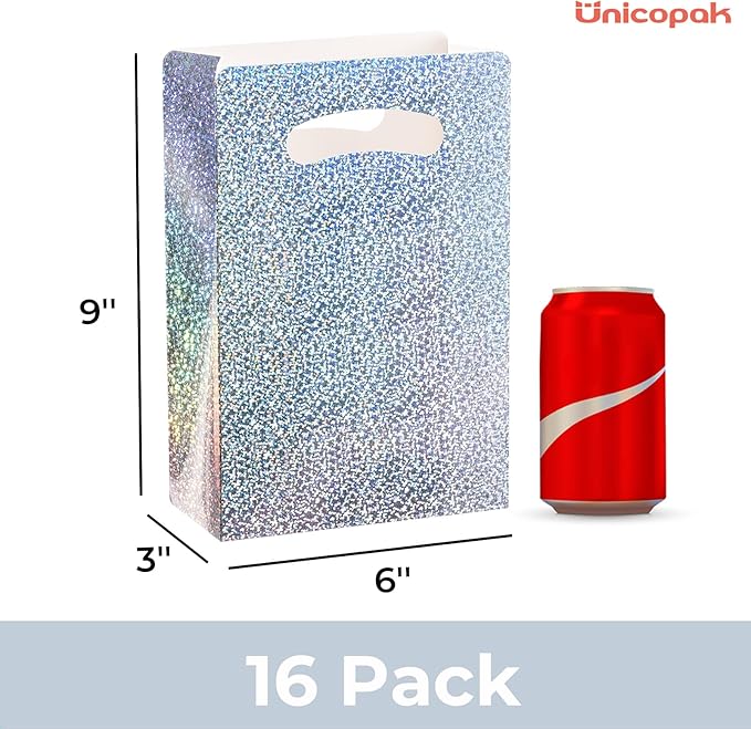 UnicoPak 16 Pack Premium Iridescent Party Favor Bags - 6x3x9 Glitter Goodie Bags for Birthday Party, Wedding - Sturdy Holographic Gift Bags with Auto-lock Bottom, Customizable for Treats & Cookies