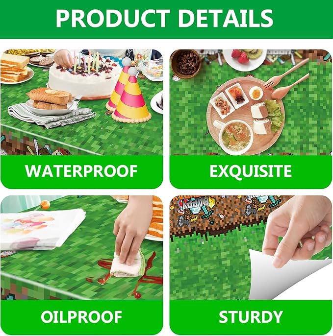 Sandbox Game Theme Tablecloth, 3 Pcs Plastic Disposable Pixel Video Game Tablecovers Supplies Rectangle Sandbox Miner Decorations for Birthday Party, Theme Party (Green)