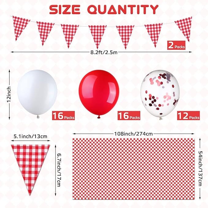 4 Packs 51 x 71 Inch Gingham Plaid Table Covers, 2 Pieces Buffalo Lumberjack Checkered Pennant Banner, 44 Pieces Latex Balloons for Picnic BBQ Birthday Party Decoration (Red White Plaid)
