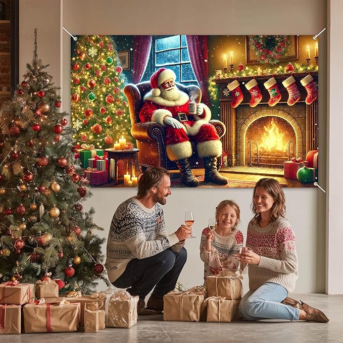Christmas Banner Santa Claus Fireplace Tree Holiday Wall Decoration Warm Cozy Living Room Scene Background Indoor Outdoor Party Decor for Home 71 X 43 Inches