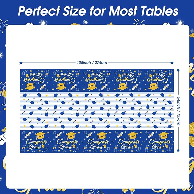 Graduation Tablecloth Party Decorations 2026 3 Pack Blue Large Size 54"x108" Congrats Grad Disposable Rectangle Table Covers Plastic Table Cloth for College High School Class of 2026 Party Supplies