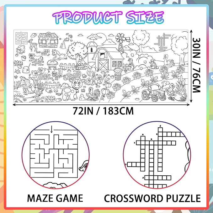 Farm Animal Party Giant Coloring Poster, 72 x 30 Inches Large Coloring Tablecloth Animals Drawing Roll Paper for Kids Farm Animals Themed Activity Wall Home Classroom Party Suppiles