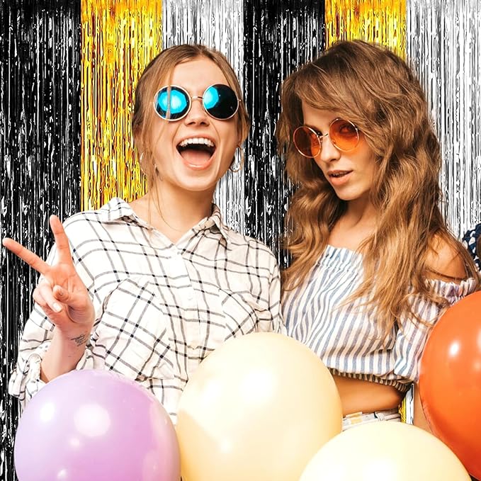 3 Pack Black Gold Silver Foil Fringe Curtain Backdrop, 3.28Ft x 8.2Ft Metallic Tinsel Foil Fringe Streamer Curtains for Photo Booth, Mother's Day, Easter, Birthday, Wedding Party Decorations