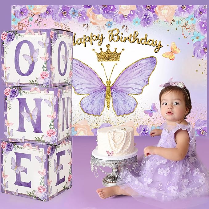 Butterfly First Birthday Decorations for Girl, Purple Butterfly Themed 1st Birthday Party Balloon Arch Kit with Backdrop Boxes Foil Balloons Wall Decor, Princess Bday Party Supplies