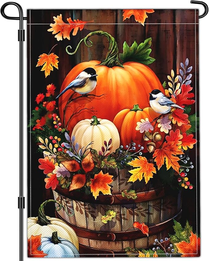 Fall Garden Flag Thanksgiving Halloween Pumpkin Yard Garden Flags for Outside 12×18 Inch Double Sided 3Ply Polyester Small Autumn Welcome Garden Flag Outdoor Decorations
