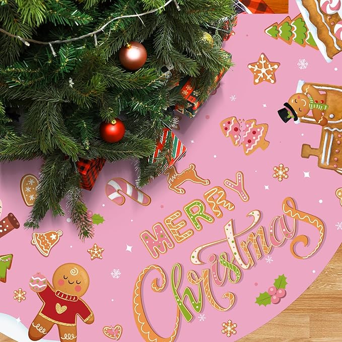 Capoda Pink Christmas Tree Skirt Gingerbread Man Candy Christmas Tree Skirt 48 Inch Xmas Tree Mat Gingerbread Christmas Tree Skirts Mat for Holiday Christmas Party Decorations Indoor Outdoor