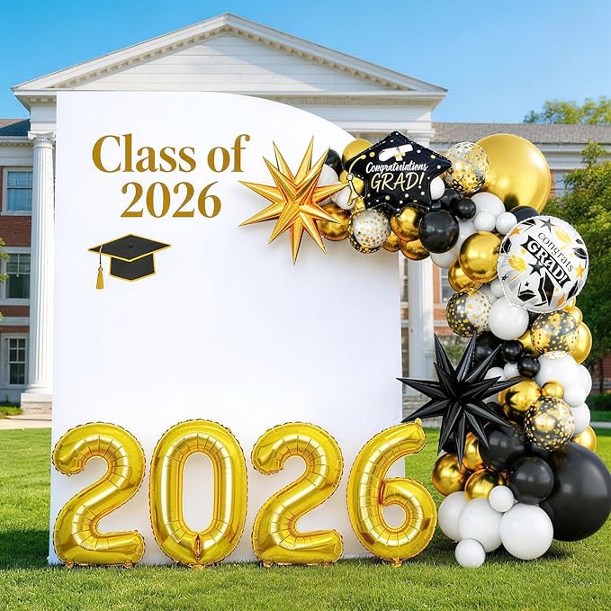 Graduation Balloons Garland Arch Kit, Graduation Balloons Class of 2026, Black and Gold White Latex Balloon with Foil Balloon for Class of 2026 Party Decor