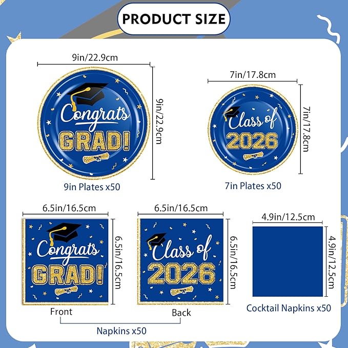 2026 Graduation Party Supplies Tableware Set - 200 Pcs Blue Gold Graduation Plates and Napkins Class of 2026 Disposable Dinnerware for College High School Congrats Grad Party Favors, Serve 50