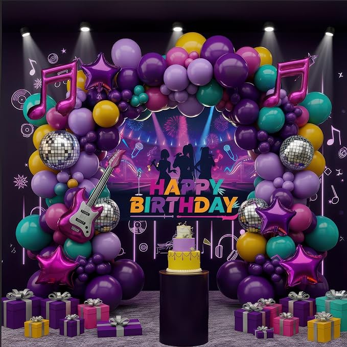 Purple hot pink Balloon Arch Garland Kit with backdrop Musical symbols Disco Star mylar balloons for kpop music Birthday Decorations Y2K Concert Movies Tv fans Prom Party Supplies