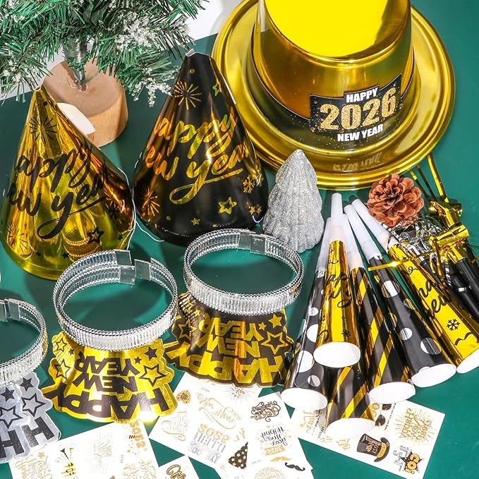 2026 New Years Eve Party Supplies, 60 Pcs New Year Eve Party Hats and Horns, Headband, Tattoos, Blowouts 2026 New Year Party Favors
