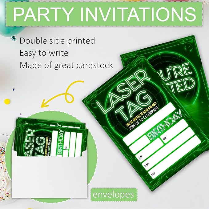 Laser Tag Birthday Party Invitations, Glow Neon Theme Invite Cards, 20 Count with Envelopes for Boys Girls Teen, 4 x 6 Double Sided Printed Fill In Blank Party Supplies- Green
