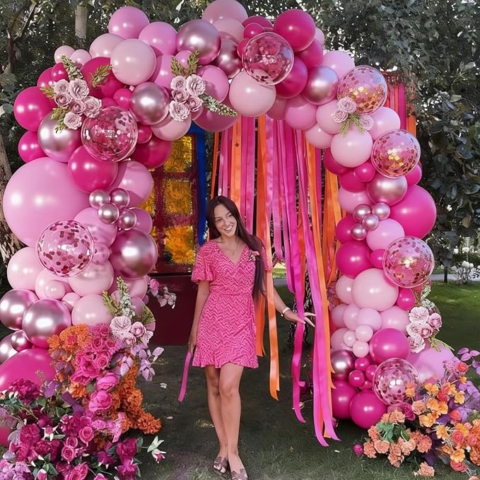 Pink Balloon Arch Kit, Hot Pink Balloons Garland Arch Kit Metallic Marcaron Pink Confetti Balloons for Bridal Shower Wedding Birthday Valentines Day Party Decorations