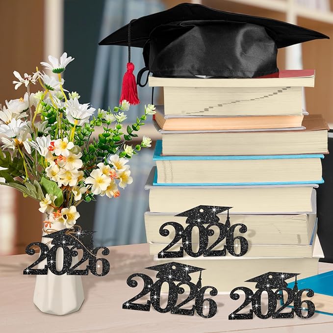 Chinco 24 Pcs 2026 Graduation Decorations Class of 2026 Graduation Centerpieces for Table Glitter Cutouts Grad Cap Tags Double Side Sparkling Glitter Confetti Party Decor for Vase Mason Jar (Black)