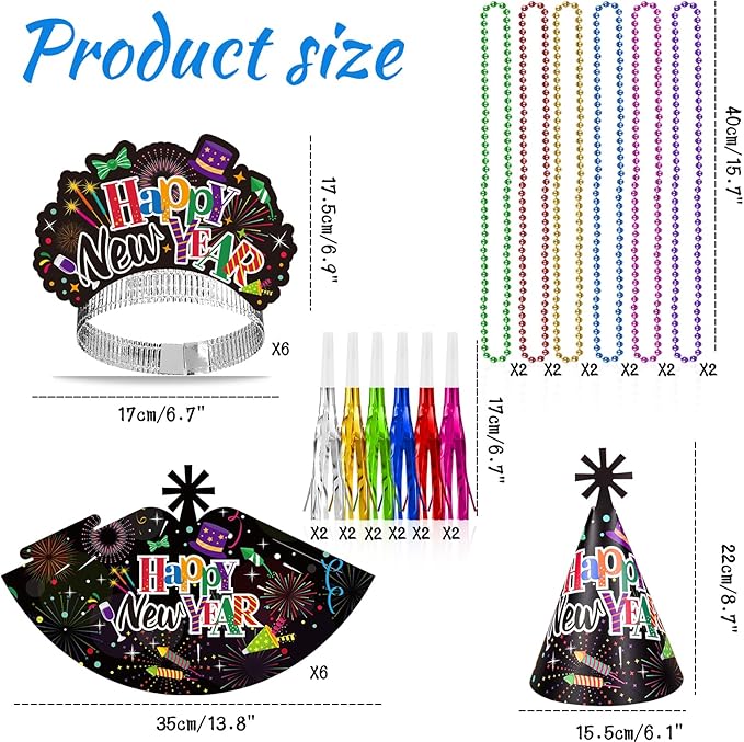 HOWAF 2026 New Year Eve Party Supplies, Happy New Year Tiaras Headband, 2026 New Year Glasses Top Hats Fringed Noisemaker and Necklace, Black and Colorful New Year's Eve Party Favors
