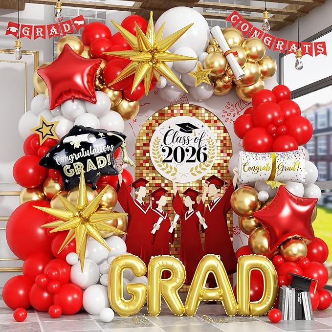 Red Graduation Balloons Garland Arch Kit, 115 PCS Red Gold White Graduation Star Print Cap Certificate Grad Foil Balloons with Gold Explosion Star Balloon for Graduate Class of 2026 Prom Party Decor