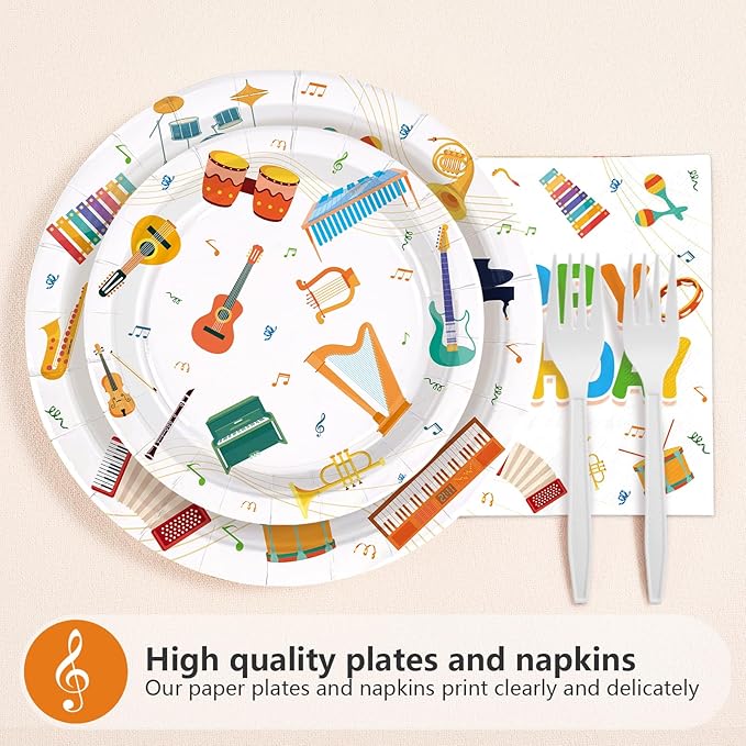 96Pcs Music Birthday Party Decoration Plates Musical Instrument Theme Plates and Napkins Music Notes Tableware Set for Musical Birthday Party Music Theme Baby Shower Supplies, Serves 24