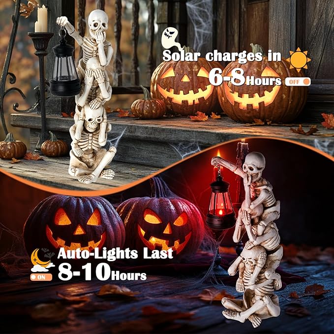 Halloween Skeleton Decor Triple Skeleton Halloween Decorations with Solar Red LED Lantern Outdoor Skeletons Figure for Yard Patio Lawn Garden