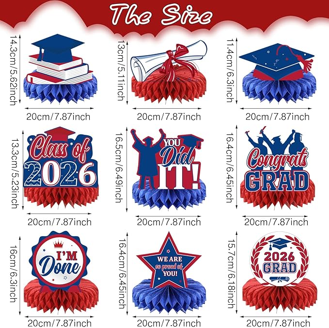Yisong 9 Pieces 2026 Graduation Party Table Decorations Class of 2026 Congrats Graduation Centerpieces for Tables Congratulate Honeycomb Centerpiece Topper for Grad Party Supplies (Blue, Red)
