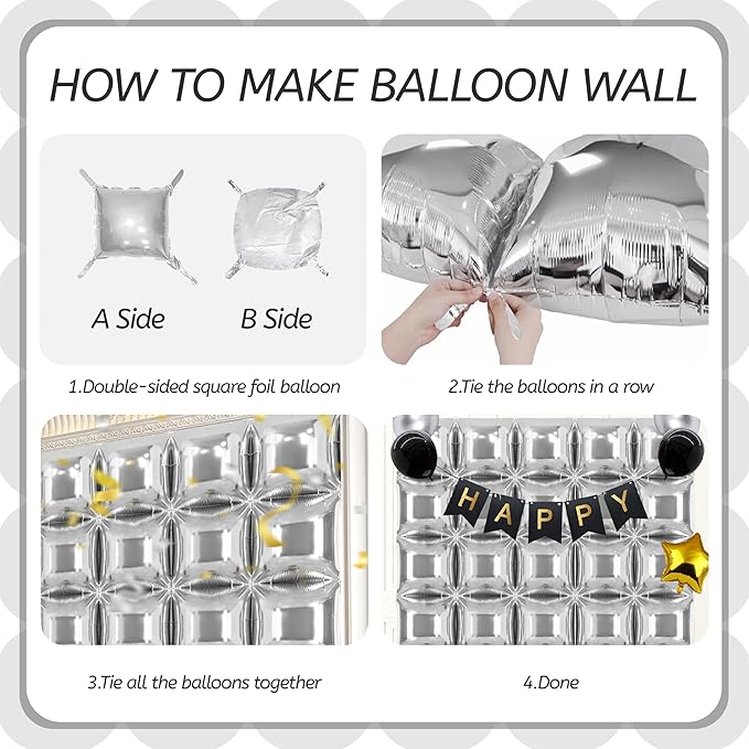 50PCS Metallic Silver Square Foil Balloon Wall,19'' Reusable DIY Mylar Double Silver Balloons Garland Tunnel Arch Kit for Baby Shower Anniversary Bachelorette Birthday Engagement Bridal Decor ﻿