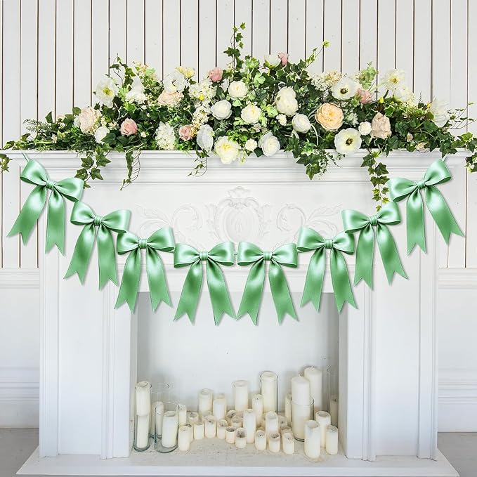 2 Strings of 16PCS Sage Green Bow Garlands Banner Decoration,Pre-Strung Satin Ribbon Ornaments for Birthday,Bachelorette Party,Bridal Shower,Wedding,Engagement,Baby Shower,Graduation Decor,Anniversary