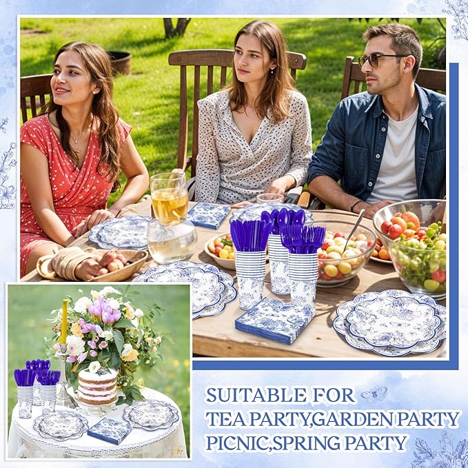 175 Pcs Blue Floral Plates and Napkins, 25 Guest Scalloped Chinoiserie Blue White Florals Party Supplies Includes Toile Plates, Napkins, Cups & Plastic Cutlery for Tea & Garden Party