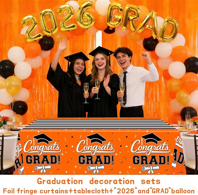 7-Pack Graduation Party Decorations Set, 3 Orange Graduation Tablecloths 54x108in, 2026 and Grad Balloons, 2 Foil Fringe Curtains for High School College Graduation Party Photo Booth