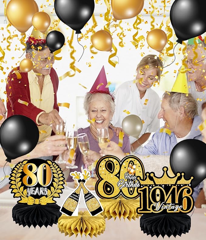 9 Pcs 80th Birthday Decoration for Men Women Happy 80th Birthday Honeycomb Centerpieces 80th Birthday Table Party Decorations Black and Gold Cheers to 80 Years Decor 1946 Birthday Party Favors