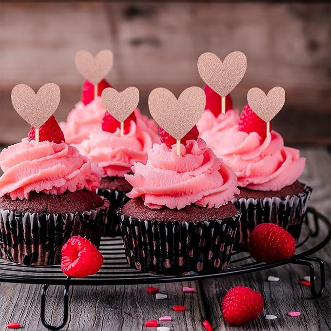 30 PCS Love Heart Cupcake Toppers Glitter Mixed Size Wedding Engagement Cupcake Picks Decorations for Wedding Anniversary Bridal Shower Birthday Valentine's Day Party Supplies Rose Gold