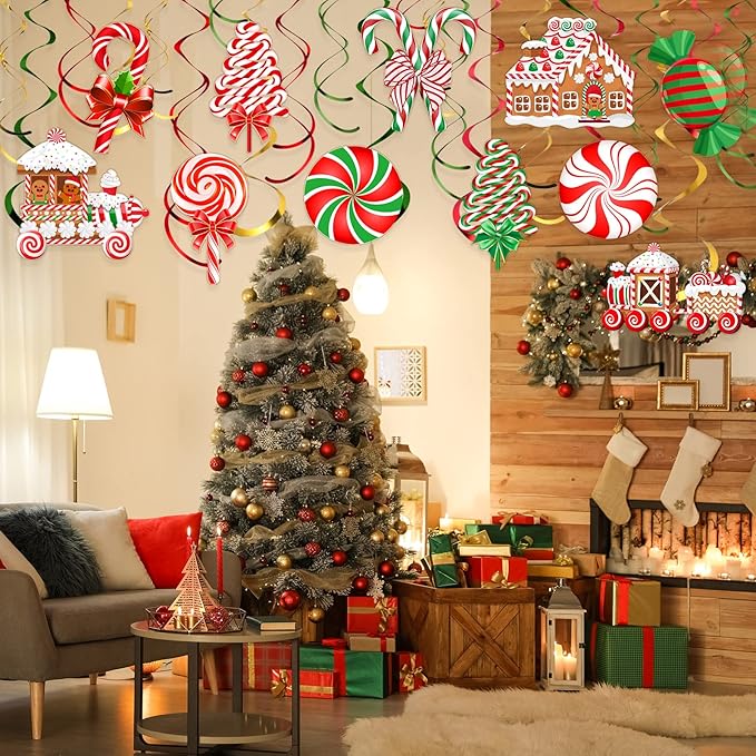 Faccito 30 Pcs Christmas Hanging Swirl Decoration Candy Theme Hanging Decorations Christmas Swirls Streamers Gingerbread House for Indoor Outdoor Xmas Winter Holiday Party Supplies