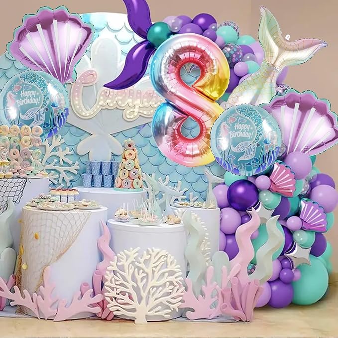 Mermaid Birthday Decorations Mermaid Balloons - Number 8 Balloons for Girls Under The Sea Mermaid Theme Baby Shower Birthday Favors