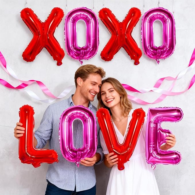 Red Pink XOXO Balloons and Love Balloon, 16 Inch Valentines Day Hot Pink Red XO Love Foil Letters Balloon Banner for Romantic Valentine Galentines Anniversary Bridal Shower Engagement Party Decoration
