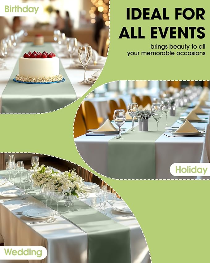 Pureegg Plastic Table Runners Disposable 12 Pack, 14 x 108 Inch Table Runner, Wedding Party, Decorative Table Runner, Rectangle, Light, Pastel Plastic Cover, Leakproof & Sturdy, Sage Green